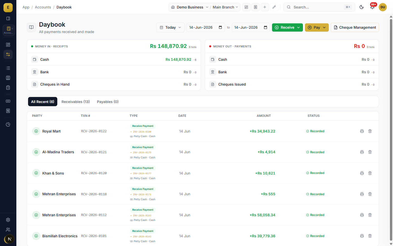 Daybook listing the day's transactions split into cash, bank and cheque buckets in E-Khata accounting