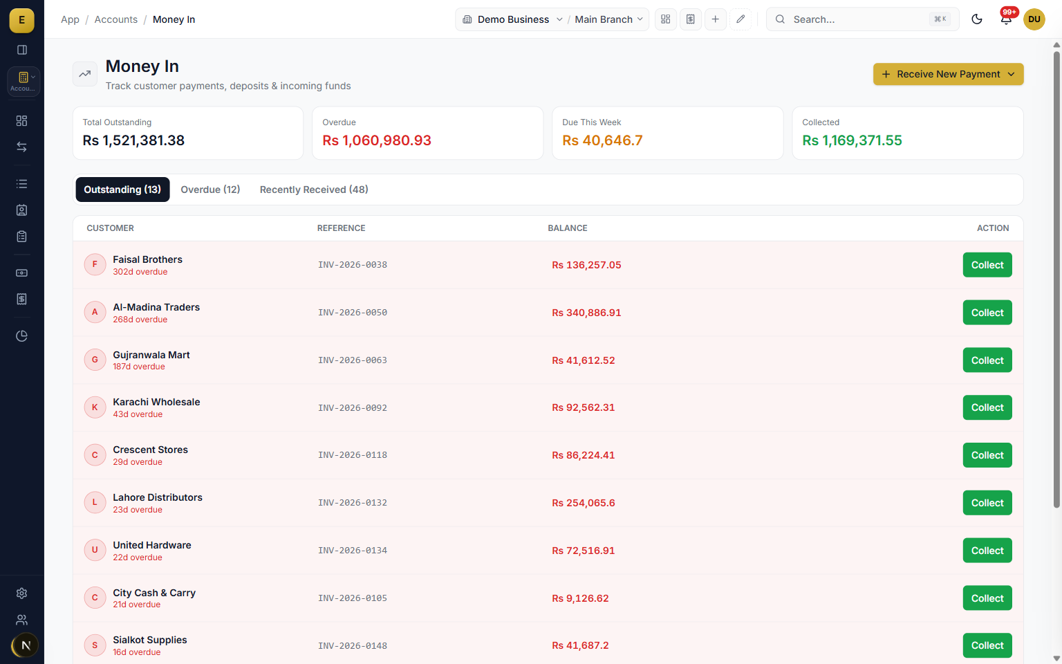 Money in screen for recording a customer receipt against cash or bank in E-Khata accounting