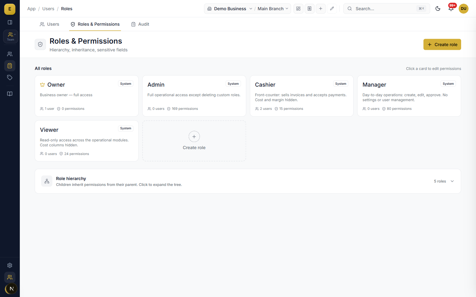 Roles and permissions screen for assigning branch-level team access in E-Khata Cloud multi-branch accounting software
