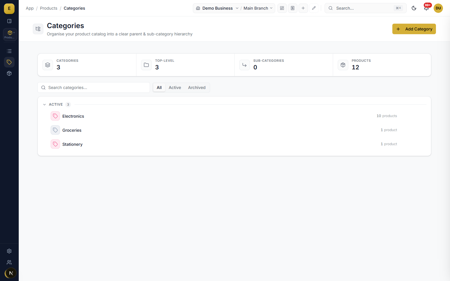 Product categories management in the product catalog software showing the parent and child tree with product counts