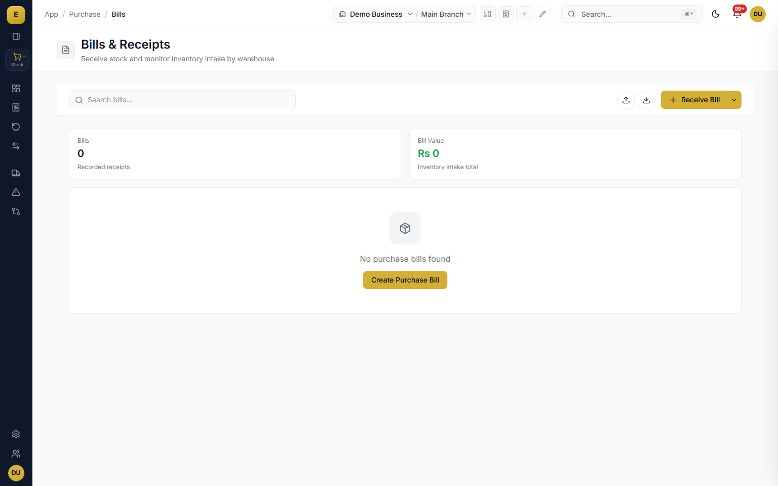Purchase bills and receipts list with vendor, amount, and billing status in purchase management software