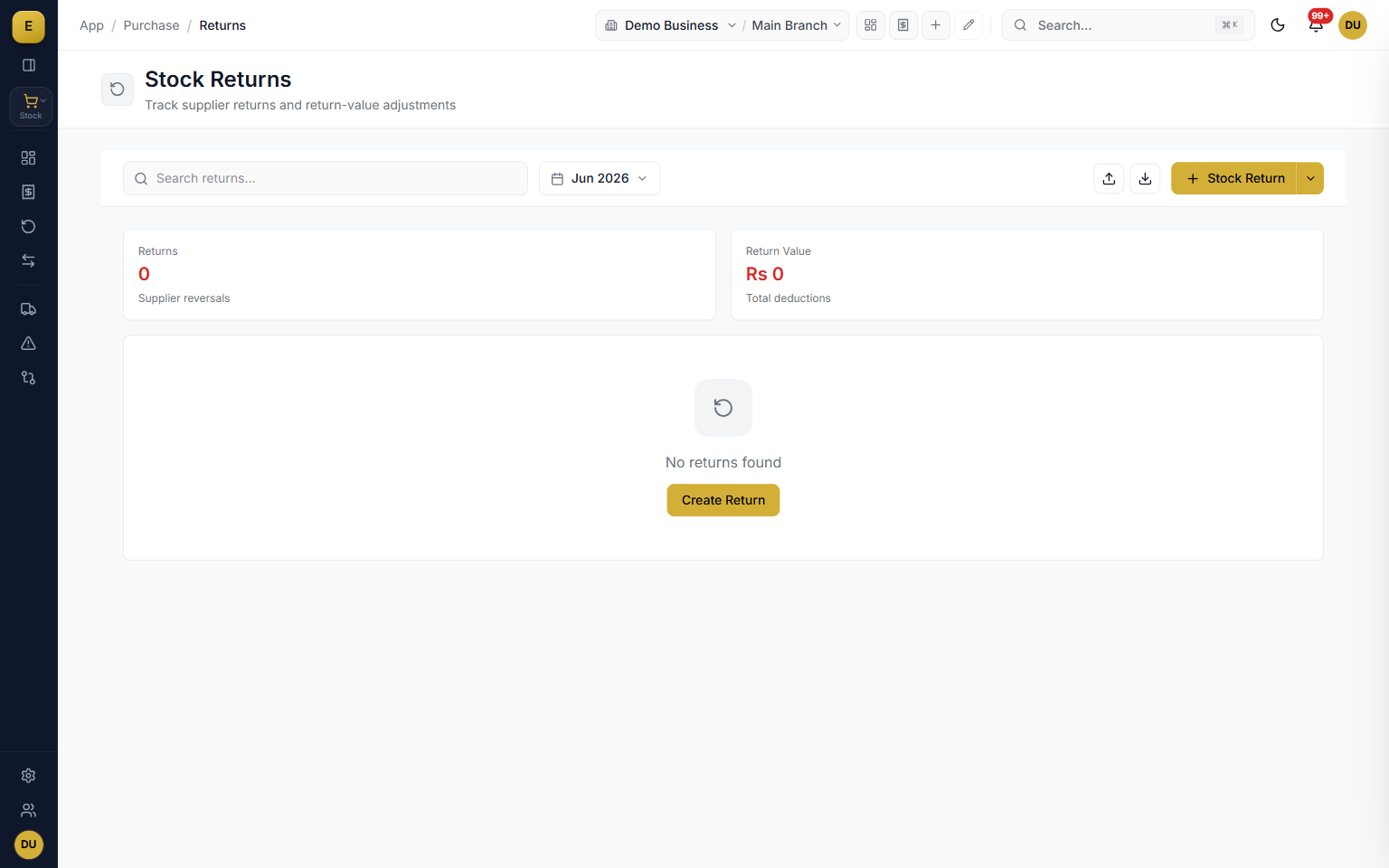Purchase returns list showing return type, reference, and reason in purchase management software