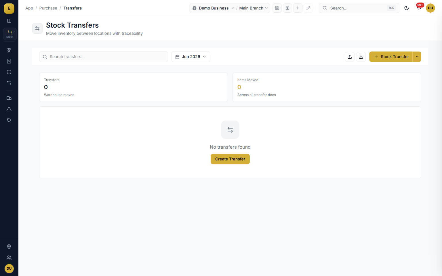Purchase transfers list showing warehouse-to-warehouse stock movements in purchase management software