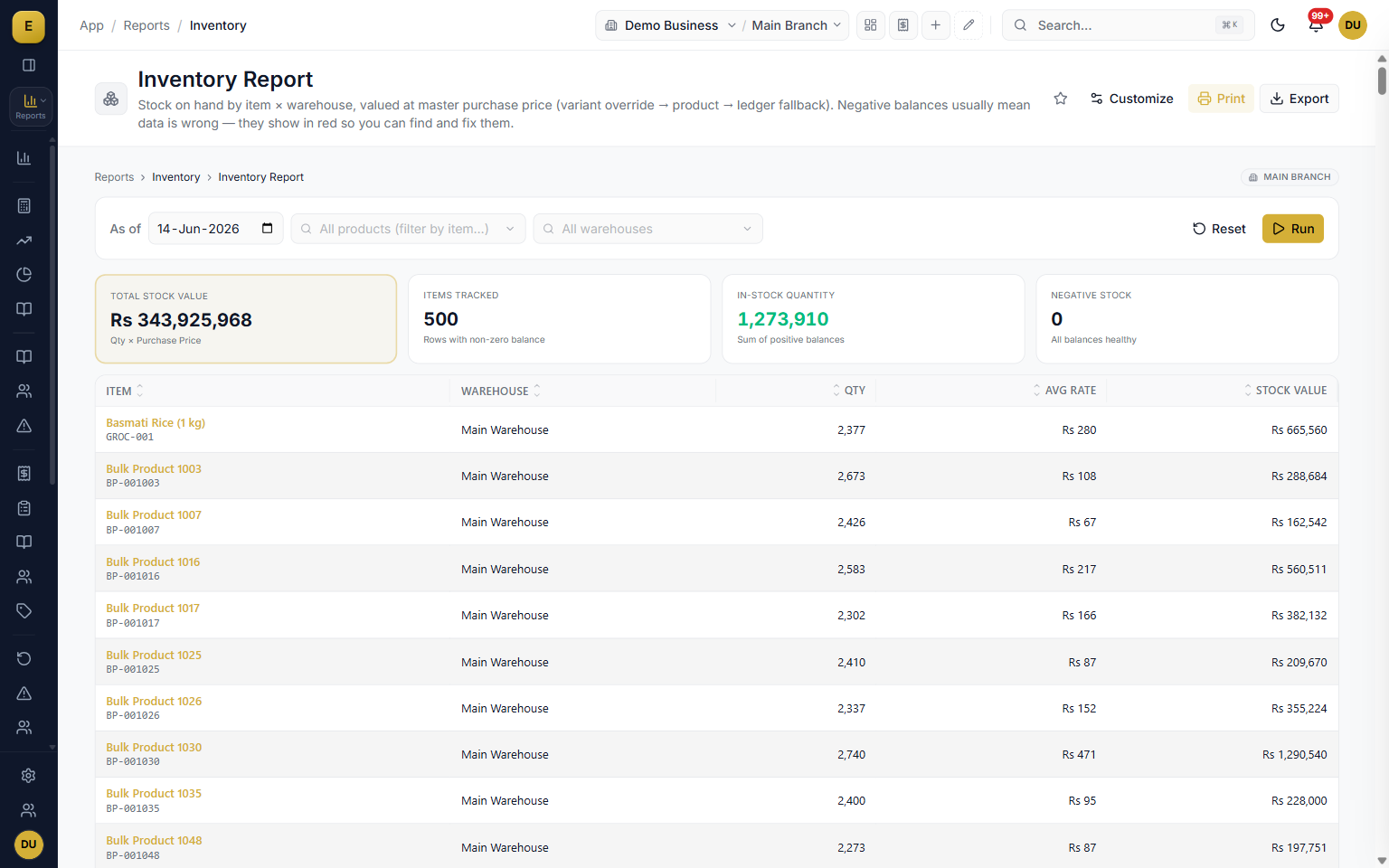 Inventory report showing stock on hand and valuation by item and warehouse in E-Khata Cloud