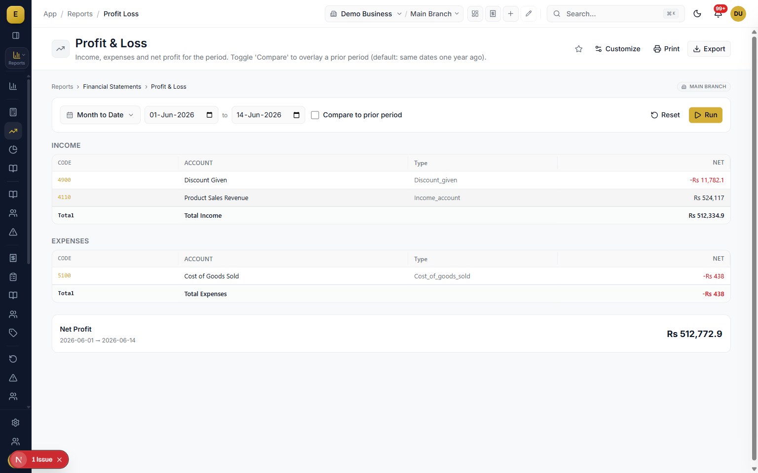 Profit and loss financial report showing income, expenses, and net profit for the period in E-Khata Cloud