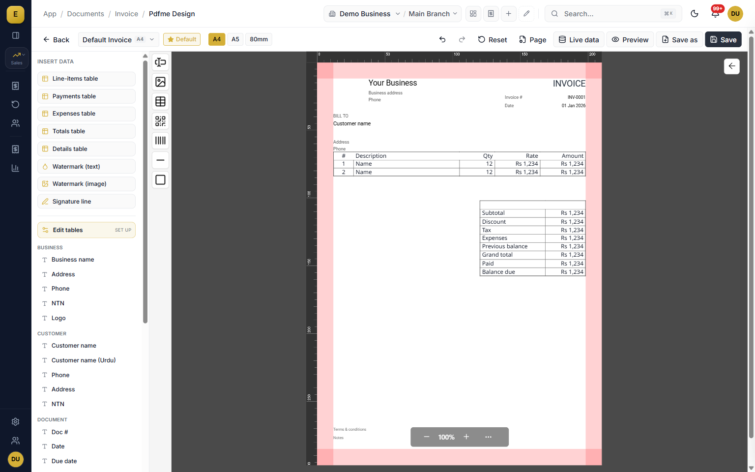 Invoice template designer in the E-Khata Cloud sales software with drag-and-drop fields, A4, A5 and 80mm sizes, and bilingual fields