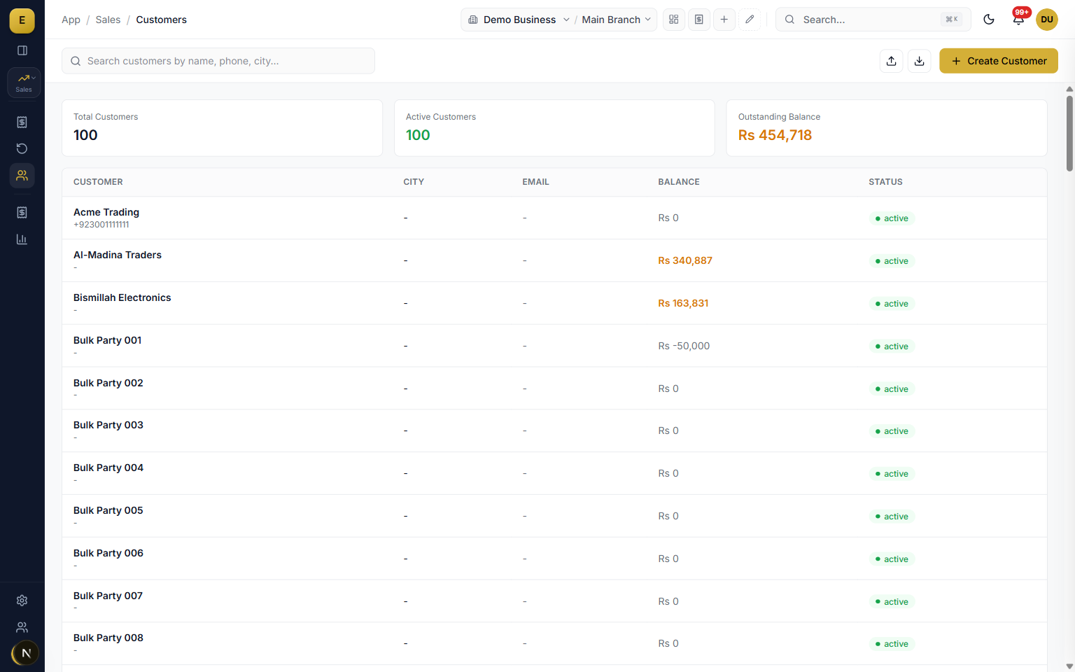 Customers list with running udhar balances in the E-Khata Cloud sales software